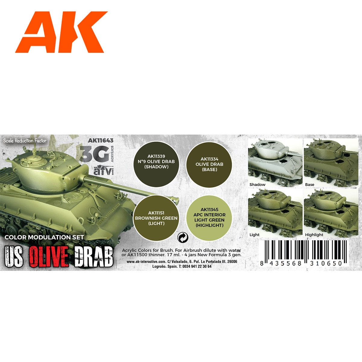 AK Interactive 3rd Gen Acrylics Wargame Color set - US Olive drab