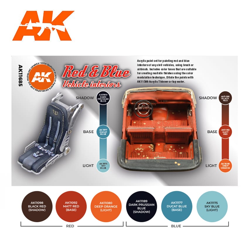 AK Interactive 3rd Gen Acrylics Paint set - Red & Blue Vehicle Interiors